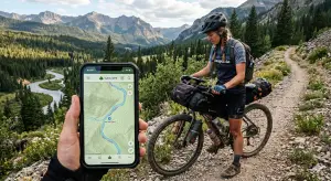 Bikepacker Looking At Map for water.